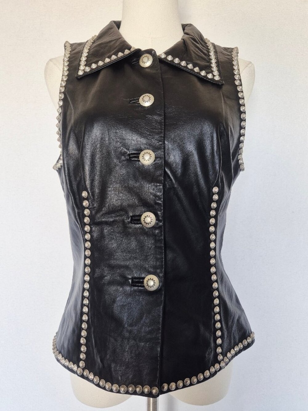 Double D Rance 100% Leather Studded Western Vest Silver Button Black - Picture 2 of 16